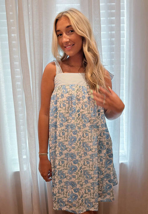 Floral Stripe Patchwork Bow Knot Strap Mini Dress