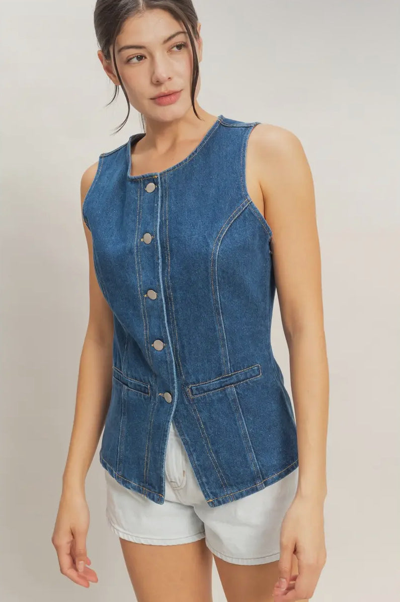 Button-Front Sleeveless Denim Vest