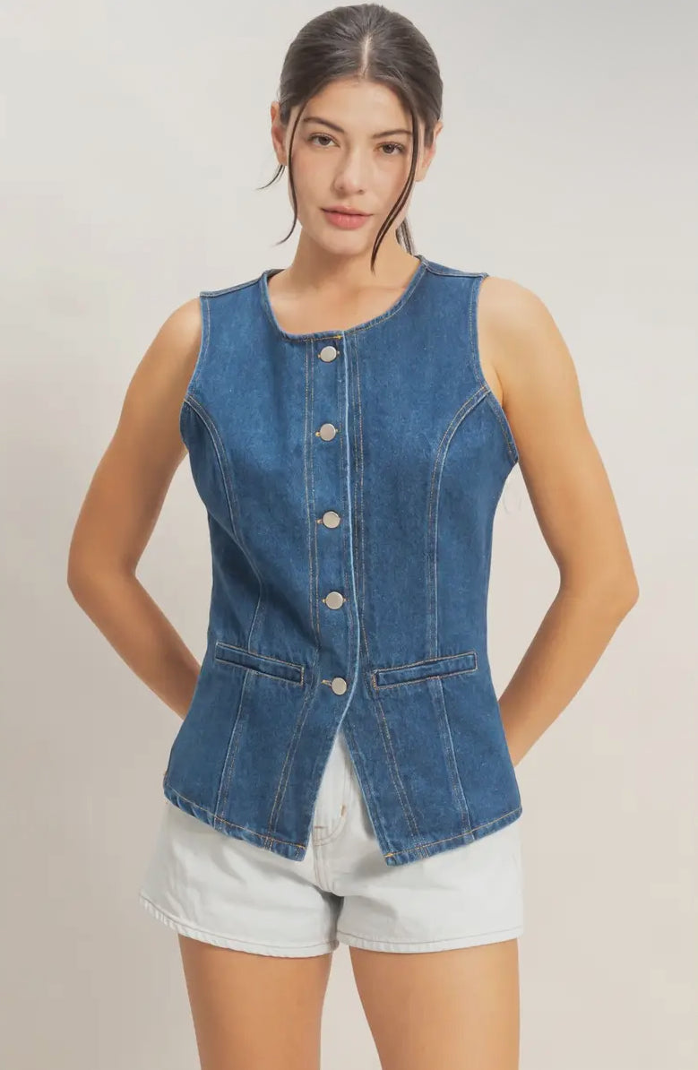 Button-Front Sleeveless Denim Vest