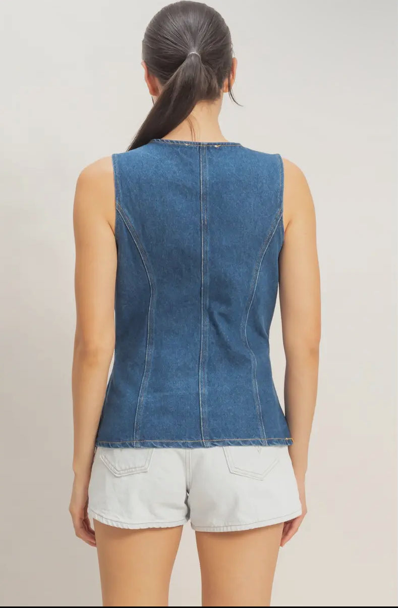 Button-Front Sleeveless Denim Vest