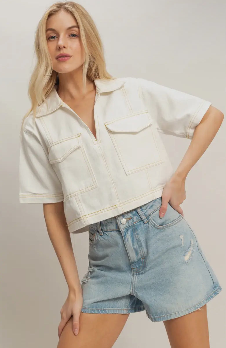 Denim V-Neck Cropped Tee