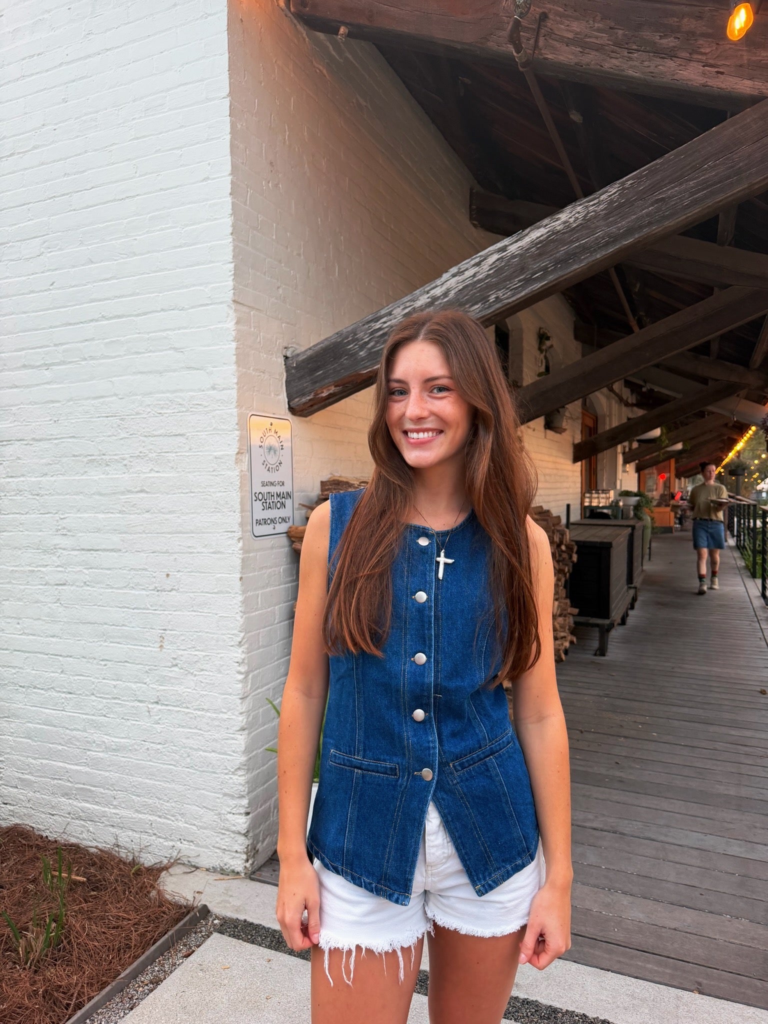 Button-Front Sleeveless Denim Vest