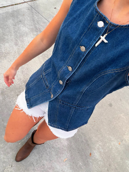 Button-Front Sleeveless Denim Vest