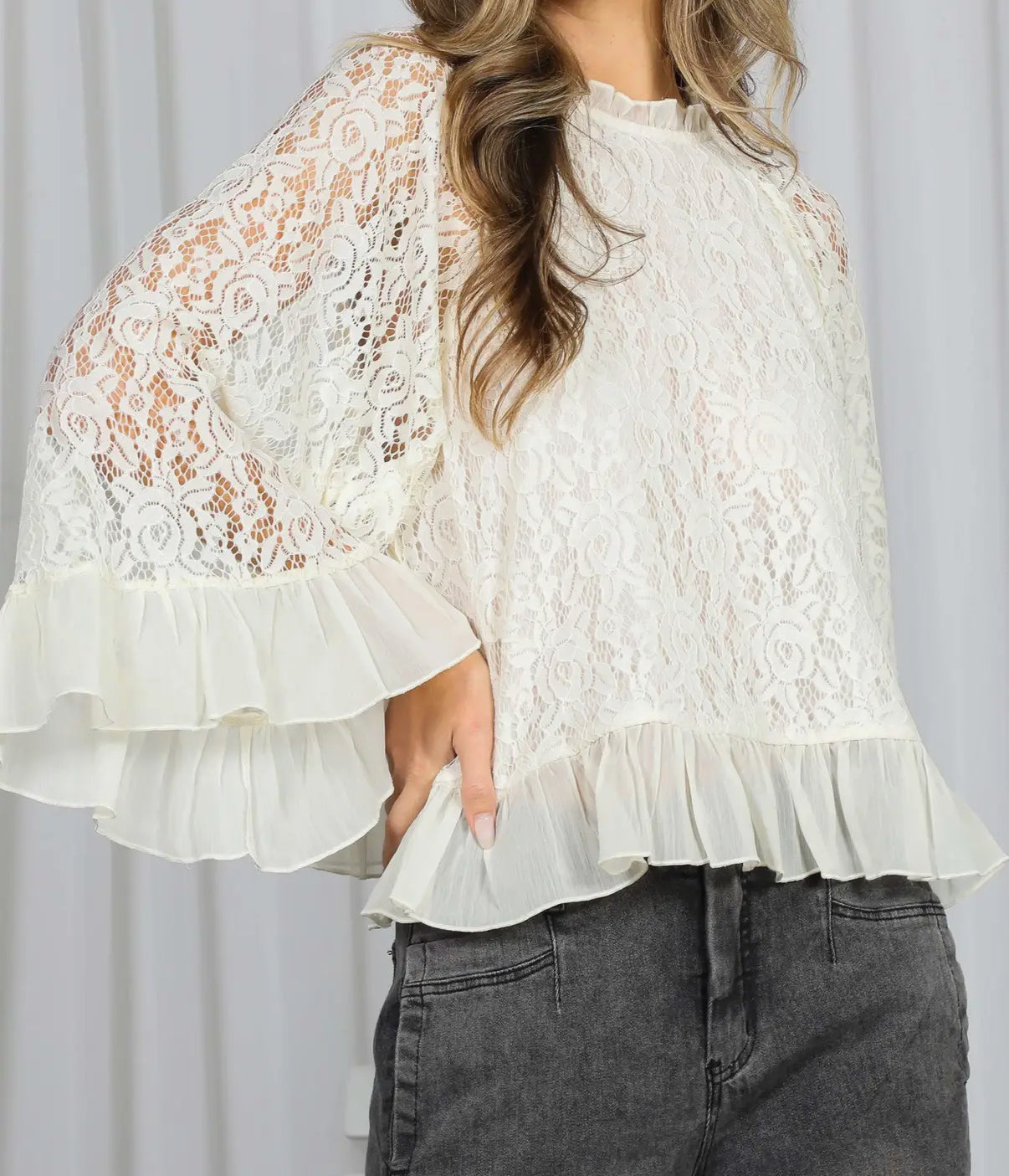 Ruffle Neck & Hem Bell Sleeve Lace Blouse